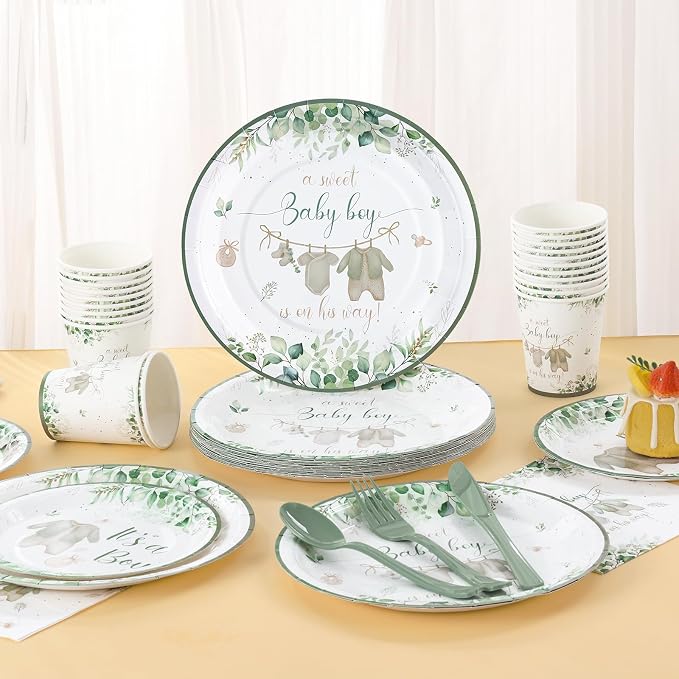 Sage Green Baby Shower Decorations Boy,A Sweet Baby Boy is on His Way Woodland Theme Party Supplies It's a Boe Tableware Set Serves 24 Guests includes Disposable Plates Cups Napkins and Cutlery