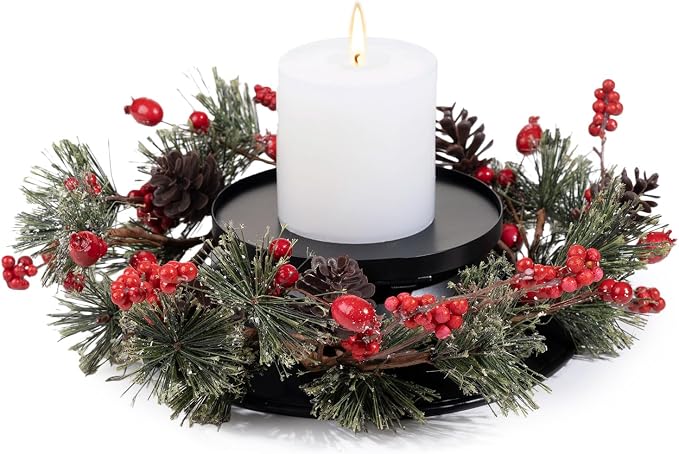MOYEE Christmas Winter Centerpieces for Tables Candle Ring, Black Metal Candlestick with an Artificial Wreaths 14 in Versatile Dining Table Centerpiece Decor (Pine Needle Wreath)