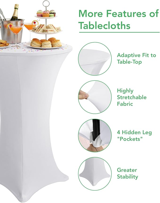 KeyWave Cocktail High Top Table Covers - 28x43 Inch Fitted Spandex Round Cocktail Tablecloth for Bar Height Standing Table Cloths Reusable, for Party Bistro Wedding Event Decorations, White, 8 Pack