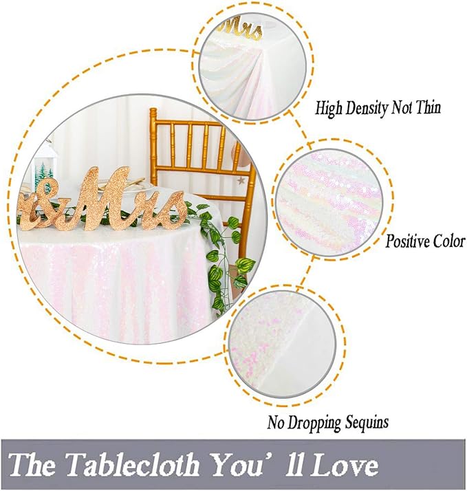 ShiDianYi White Iridescent Tablecloth Round 72 Inch Sequin Tablecloth Birthday Decorations Glitter Round Tablecloth White Table Cloth Overlay for Cake Table Wedding Tablecloth
