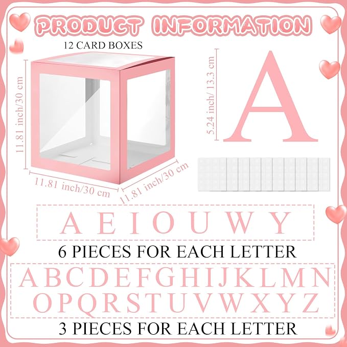 Thyle 12 Pcs Transparent Balloon Boxes Clear Balloon Boxes with 99 Letters for Baby Shower Gender Reveal Grad Birthday Party Bridal Wedding Anniversary Backdrop Decoration (Pink)