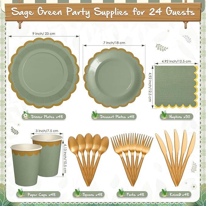 Mimorou 338 Pcs Sage Green Plates and Napkins Party Supplies for Guests Sage Green Tableware Include Scalloped Plates Paper Napkin Cup Spoon Fork Knife for Baby Shower, Wedding, Birthday