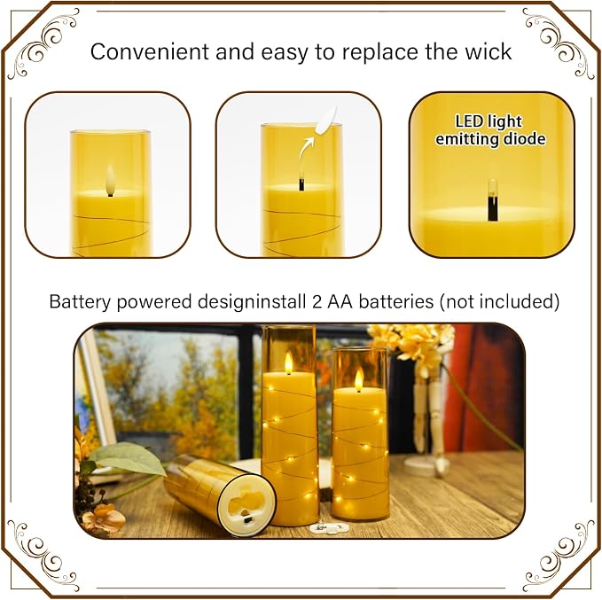 Nimiko Flickering Flameless LED Candles,Battery Operated Candles 9 Pcs with Embedded Star String,Acrylic LED Pillar Candles with Remote,Suitable for Home Decoration to Create an Atmosphere（Gold）