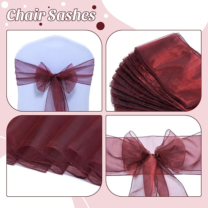 MDS® Pack of 75 Organza Chair Sashes for Wedding Decoration, Reusable Sheer Chair Bows for Banquet Chair Cover, Reception, Bridal Shower, Baby Shower, Birthday Party & Special Events - Burgundy