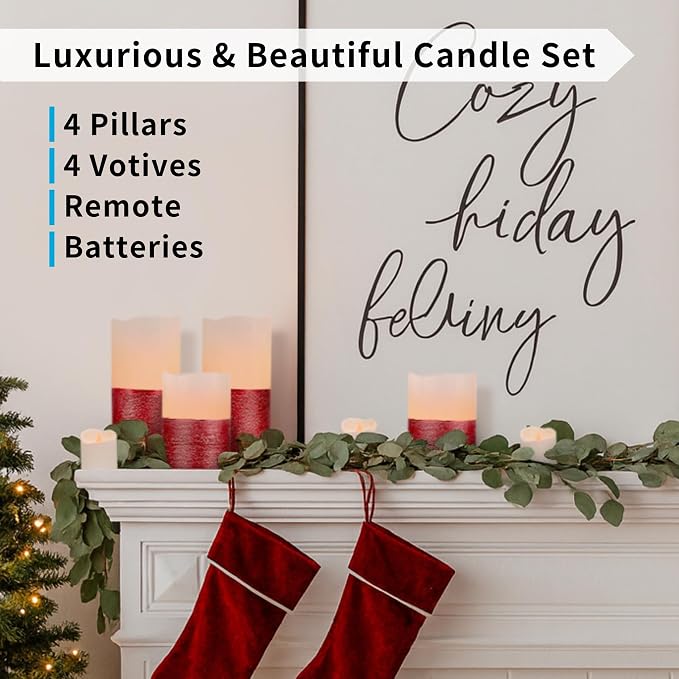 FURORA LIGHTING Red Trim Flameless Candles - Real Wax, Adjustable Brightness, Remote & Timer - 4 Pillars (3x4, 3x6) and 4 Votives, 8-Pack, Battery Operated