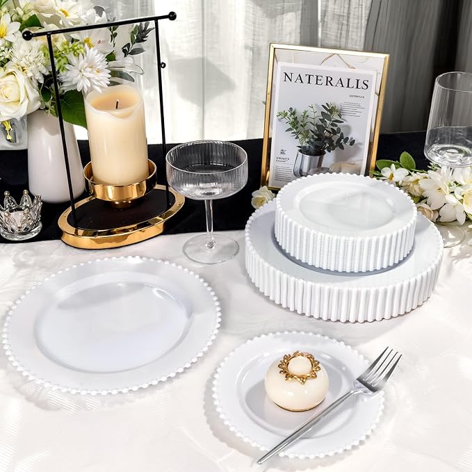 U-QE 60PCS White Plastic Plates - Fancy Beaded Plates Disposable Heavy Duty - Premium Hard Plastic Plates for Party, Wedding & Birthday Including 30 Dinner Plates 10" & 30 Dessert Plates 7"