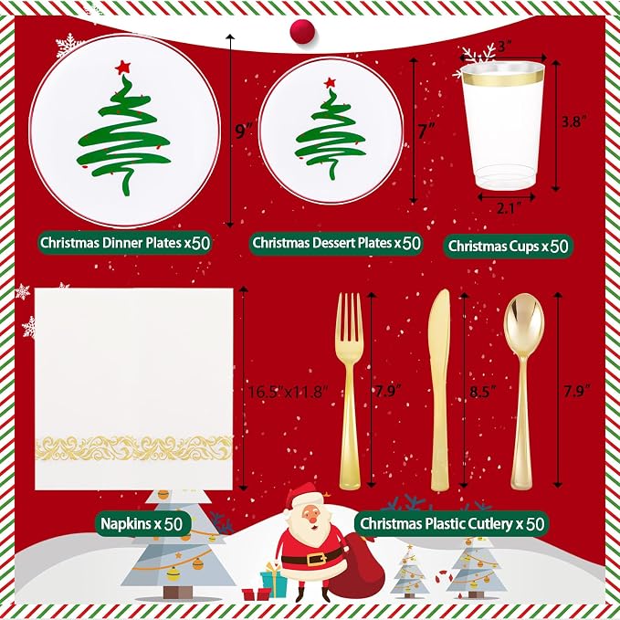 Supernal 350pcs Christmas Plastic Dinnerware Set,Christmas Plastic Plates,Gold Plastic Silverware,Gold Plastic Cups,Plastic Plates with Christmas Tree Design Suit for 50 Guests Perfect for Christmas