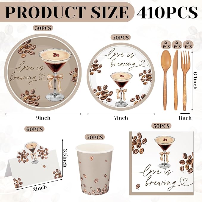 Shellwei 410 Pcs Love Is Brewing Coffee Bridal Shower Party Tableware Set Love Is Brewing Plates Napkins Cups Cutlery for Coffee Lovers Bachelorette Party Decorations Supplies for 50 Guests
