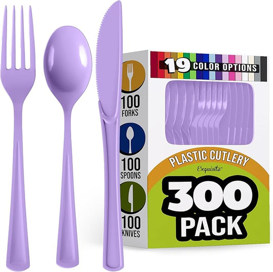 Party Solids Lavender Plastic Silverware Heavy Duty 300 Pieces Lavender Disposable Silverware Heavy Duty, Utensil Sets, 100 Of Each Forks, Knives & Spoons Disposable Cutlery Set For Party Supplies