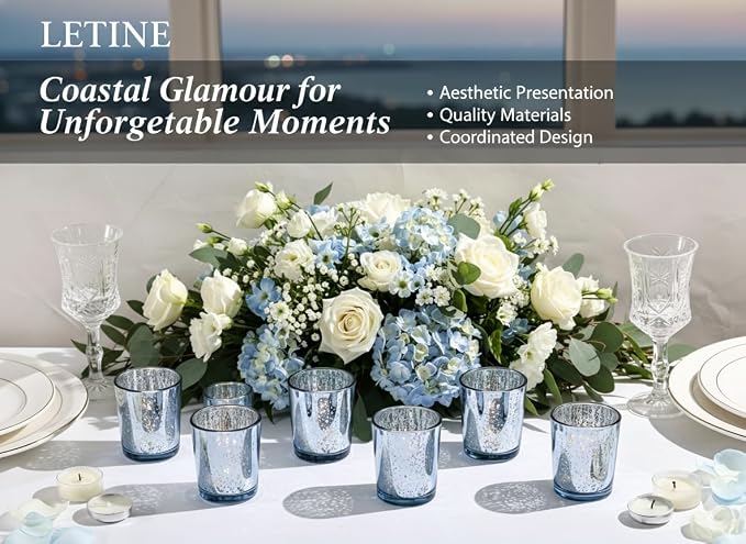 LETINE Blue Votive Candle Holders Set of 36 -Mercury Glass Candle Holders for Wedding & Baby Shower Decor - Ideal for Bridal Shower & Centerpieces for Tables