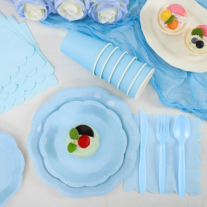 NatNarr 350 Pcs Light Blue Paper Plates and Napkins Set Include 9" Dinner Plates, 7" Dessert Plate Disposable Scalloped Tableware Serve 50 Guest for Wedding Boy Baby Shower Bridal Shower Birthday