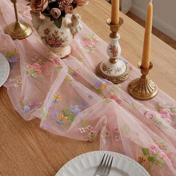 Pink Floral Table Runner 10ft Embroidery Tulle Spring Wildflower Table Runner Seasonal Summer Butterfly Kitchen Dining Gauze Decoration for Wedding Baby Shower Birthday Party (3 Pcs)