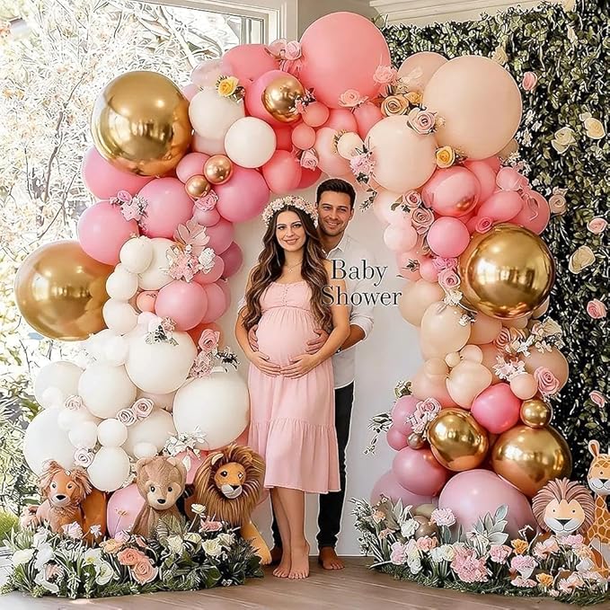 Pink White Gold Balloon Garland, Double Stuffed Pastel Light Pink Cream White Balloon Arch Kit for Baby Shower Birthday Bridal Wedding Mother's Day Party Decorations
