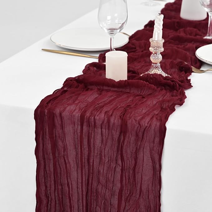 10 Pack Burgundy Table Runner 10Ft Cheesecloth Table Runner Boho Gauze Cheese Cloth Table Runners Romantic Long Sheer Fabric Table Runners for Wedding Party Bridal Shower(Burgundy)