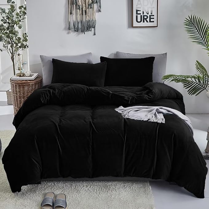 KAREVER Black Velvet Comforter Set - Full Flannel Bedding Comforter Set with 3 PCs Warm Soft Solid Black Winter Blanket