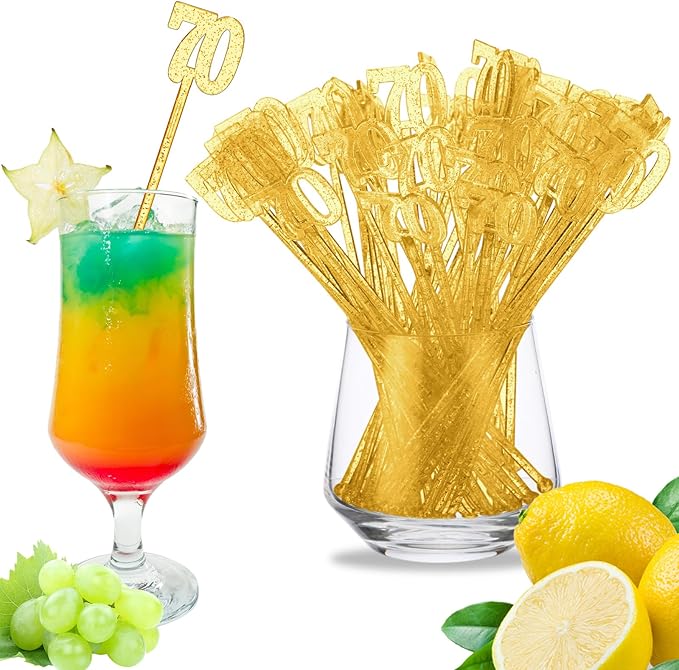 Reallnaive 100 Pcs 70th Birthday Drink Stirrers Gold Glitter Cocktail Stirrers Plastic Swizzle Sticks 7.5 Inch Fall Birthday Cupcake Toppers Sticks Bulk for Coffee Bar Cake Pops Christmas Party Favor