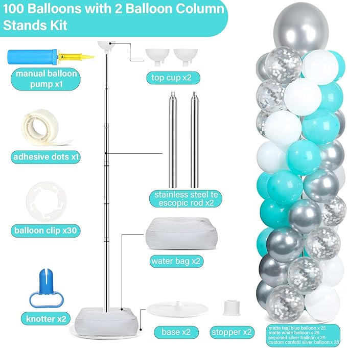 2 Sets Teal Blue Silver White Balloon Column Stand Kit with 102 Balloons Adjustable Balloon Tower Stand with Bases for Floor Confetti Silver Balloons Column Kit for Graduation Birthday Party Decor