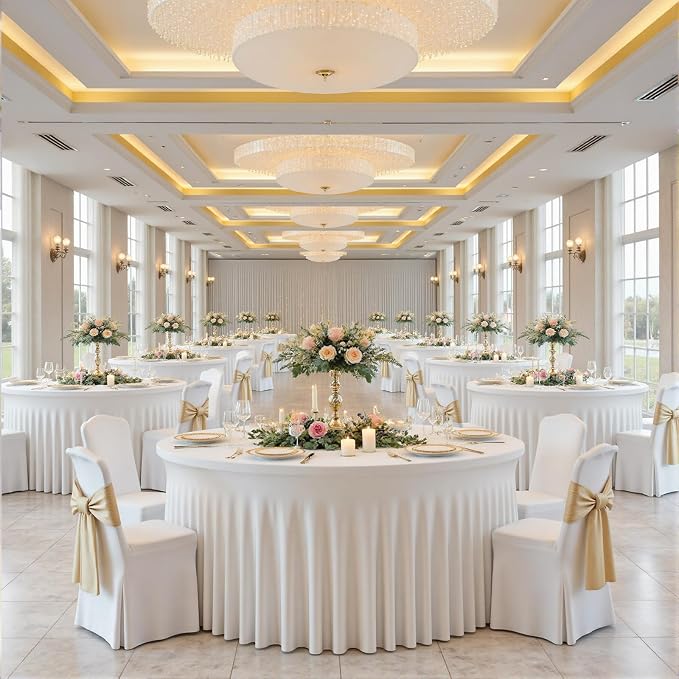4 Pack White 72 inch Round Spandex Tablecloth, Wrinkle-Free Stretchy Fitted 6FT Round Tables,Elastic Edge with Skirt,Washable Table Cloths for Wedding Banquet Party Birthday Buffet