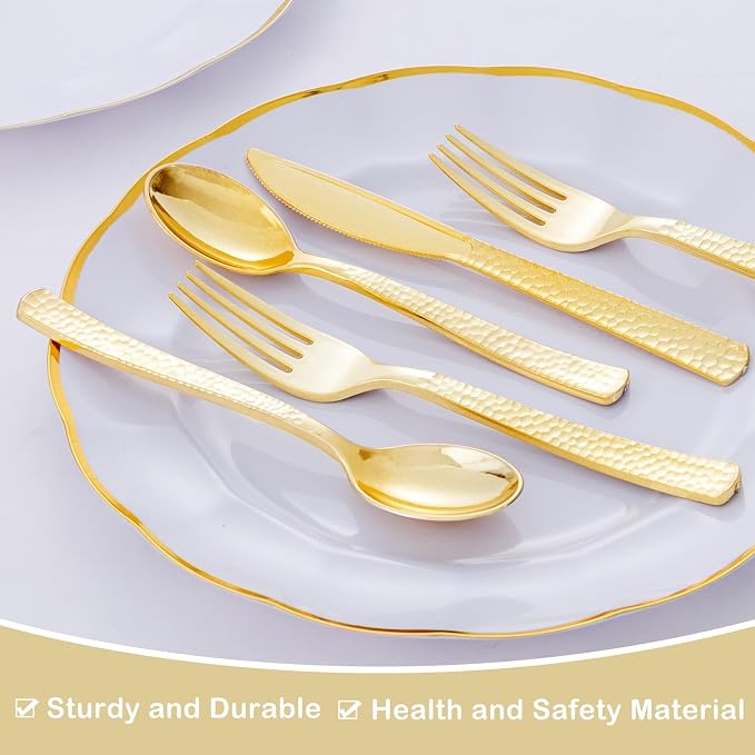 Supernal 180pcs Gold Plastic Silverware Set, Heavy Duty Disposable Cutlery for 60 Guests，Hammered Gold Utensils with 60 Forks, 60 Spoons, 60 Knives for Wedding, Party & Catering