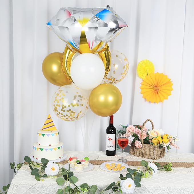 Engagement Party Balloons Stand Kit 2 Sets With 2 Diamond Ring Foil Balloons White Gold Confetti Balloon Centerpiece for Tables for Wedding Bridal Shower Marriage Bachelorette Party Decorations