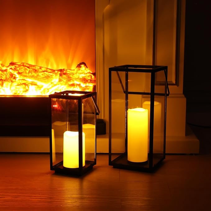 Lantern Decorative Outdoor & Indoor, 14.3'' & 11''H Metal Candle Lanterns Decor, Vintage Hanging Candle Holder for Front Porch Patio Wedding Farmhouse Home, Spring Decoration