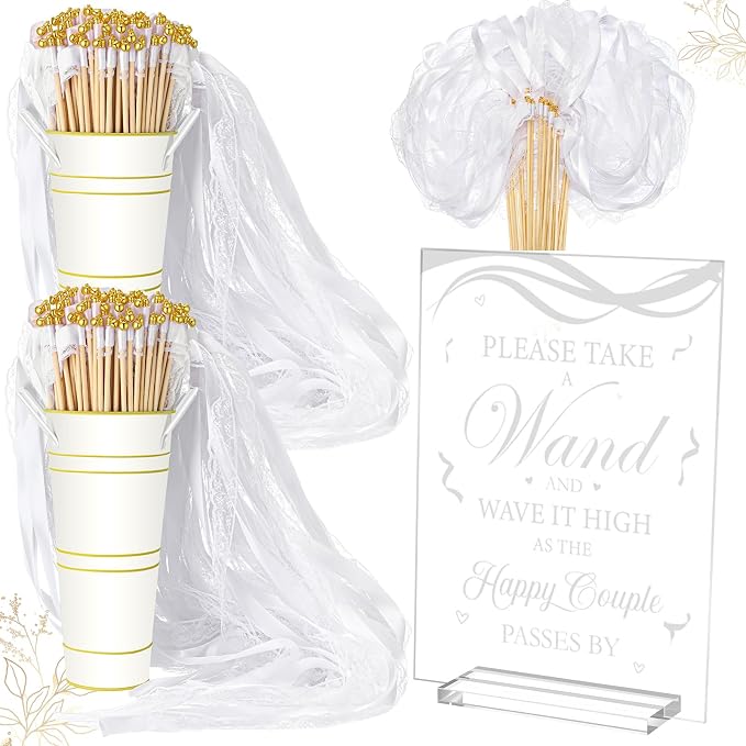 Reallnaive 103 Pcs Wedding Ribbon Stick Wand with Metal Buckets and Acrylic Sign, Party Magic Fairy Wand with White Lace Ribbon and Gold Bells for Wedding Party Favor Decor