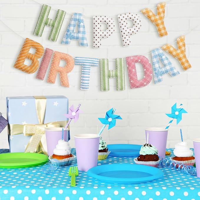 Mindsoft Felt Happy Birthday Garland Rainbow Banner Reusable Happy Birthday Sign Party Supply for Party Decor (Flower Color,Stripe)