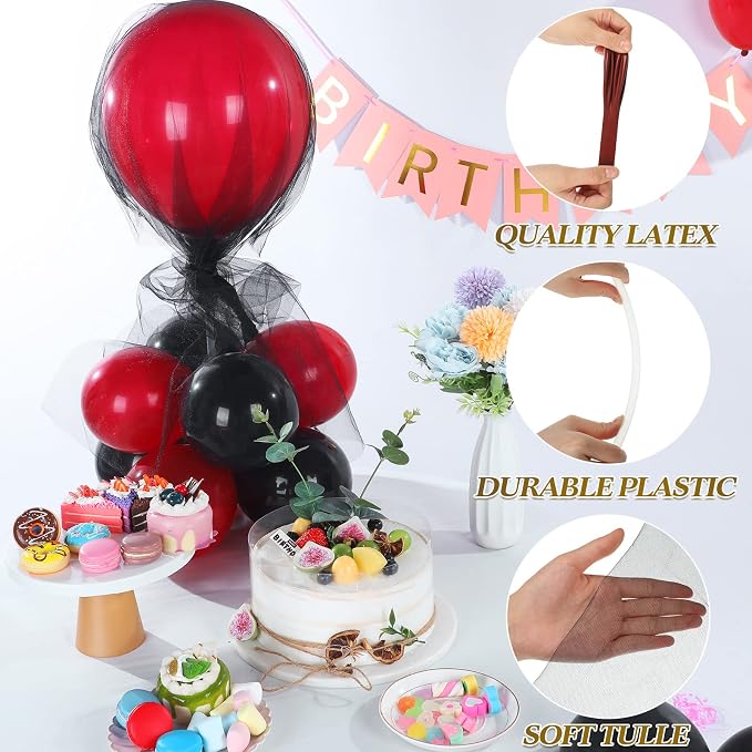 BBTO 8 Set Black and Red Table Centerpieces Balloons Stand Kit, Latex Balloons and Table Stand Holder with Base Tulle for Wedding Birthday Grad Prom Centerpieces Party Back to School Baby Shower