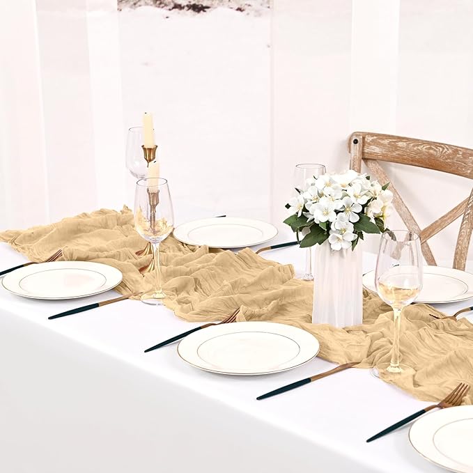 12 Pack Beige Cheesecloth Table Runner 10FT Boho Gauze Cheese Cloth Table Runner Rustic Sheer Fabric Table Runners for Wedding Bridal Shower Baby Shower Party(21.5×120 Inch)