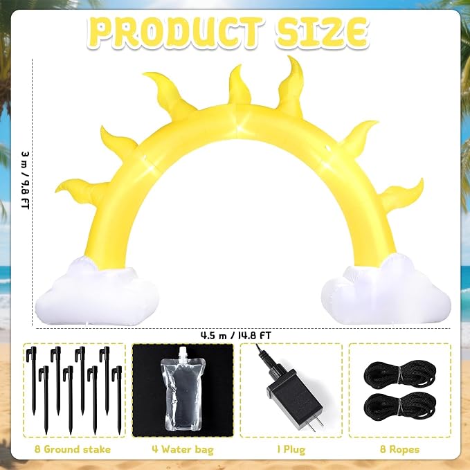 10 Ft Summer Sun Inflatables Arch Giant Sun Inflation Arch with LED Light Sunshine Theme Blow Up Archway for Summer Birthday Baby Shower Tropical Beach Pool Party Yard Lawn Blow-Up Backdrop Decor