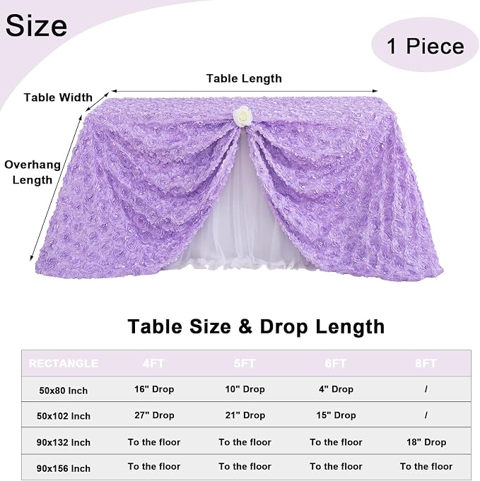 Fanqisi Lavender Tablecloth 50x80 Inches Rosette Satin Tablecloth 3D Rosette Rectangle Table Cover Wedding Banquet Party Baby Shower Decor Table Cloth
