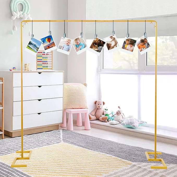 8.2FT x 8FT Backdrop Stand Heavy Duty with Base, Gold Portable Adjustable Pipe and Drape Backdrop Stand Kit, Over The Table Rod Stand with Clamps, Square Metal Arch Party Frame for Birthday Decor
