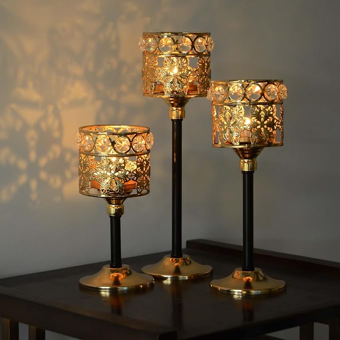 Set of 12 Floral-Carved Crystal & Metal Tealight Candelabras Bulk- Elegant Gold & Black Wedding Centerpiece, Dining Table Decor, Votive Candle Holders