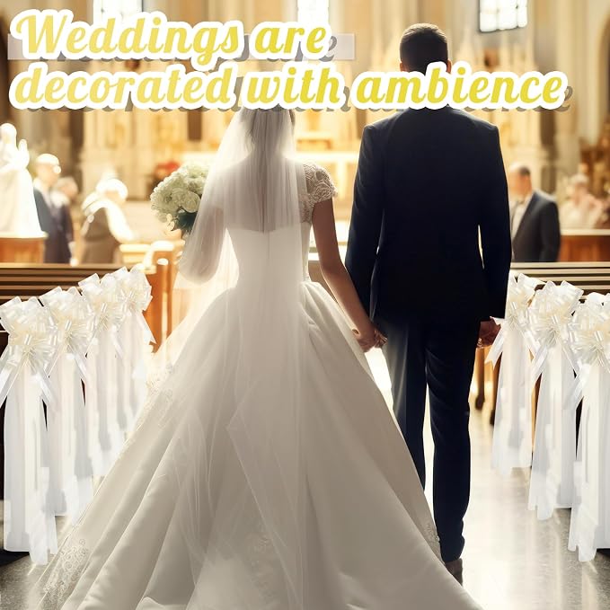 12 Set Large Wedding Pew Bows with Long Tulle Tails Church Chair Aisle Decorations Wedding Car Decoration Big Bows for Bridal Shower Reception Birthday Anniversary (Champagne)