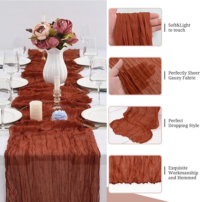 24 Pack Terracotta Cheesecloth Table Runner,10FT Boho Gauze Table Runner,35x120inch Rustic Table Runners for Wedding Party Bridal Shower Thanksgiving Christmas Boho Table Decoration