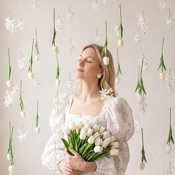 6 Pcs 35.4ft Artificial Tulips Hanging Flower Garlands with Hooks, Spring Faux Tulip and Wildflower Ceiling Vines, White Floral Backdrop for Wedding Party Home Wall Arch Decor