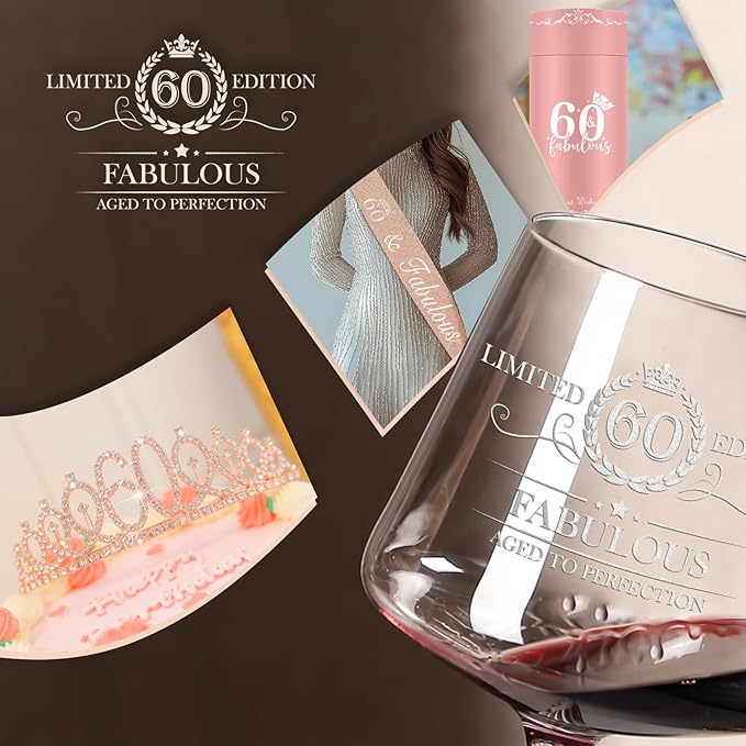 60TH Birthday Gifts for Women Her,60th Birthday Sash,Crown,Rhinestone Tiara,Vintage Engraved Wine Glass,60 Year Old Birthday Decorations For Her,Women,Mom,Wife,Friends,Sister-Turning 60 Present