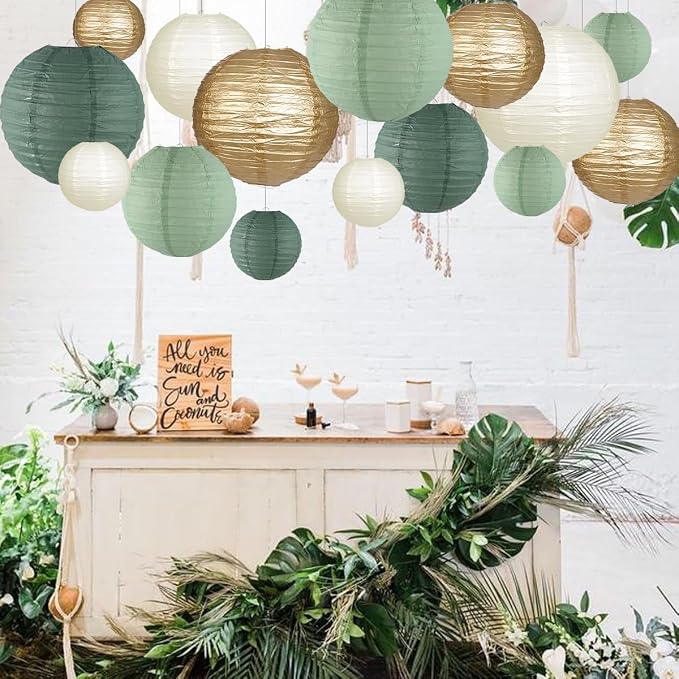 Paper Lanterns Decorative, Round Hanging Paper Lanterns Decorations for Rustic Party Bridal Shower Wedding Sage Green Birthday Party Supplies Gold/Ivory/Sage Green 15pcs