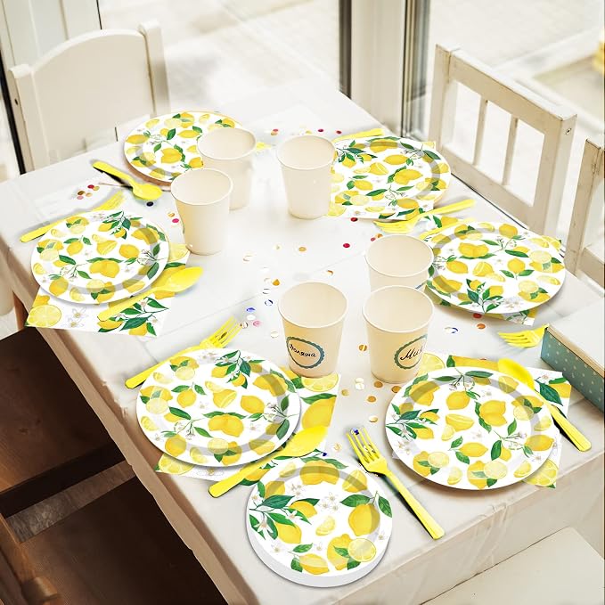 50 Guests Lemon Party Decorations Plates and Napkins Yellow Lemons Summer Party Supplies for Birthday Baby Shower Lemon Theme Disposable Plates Tableware Set 200 PCS
