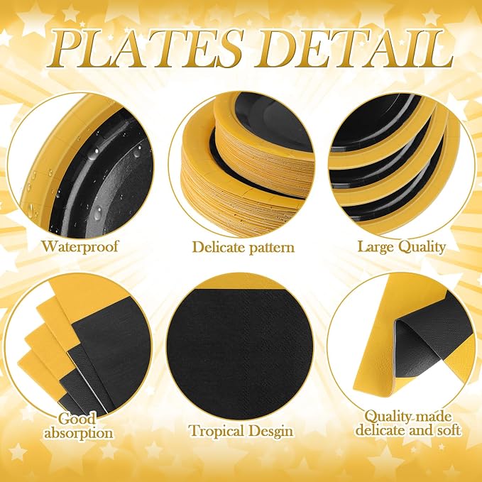 Funnymoom 452 Pcs Black and Gold Party Supplies for 50 Guest, Black Gold Paper Plates Cups Napkins Tablecloth Cutlery Straw Tableware Set for Graduation Birthday Retirement Wedding Party Decoration