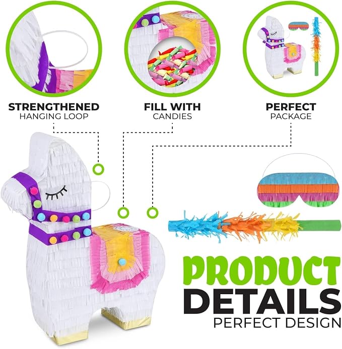 Llama Pinatas Bundle with a Blindfold and a Bat (17 x 14 x 4 Inches), Perfect for kid's Birthday Parties, Mexican Theme Parties, Decorations