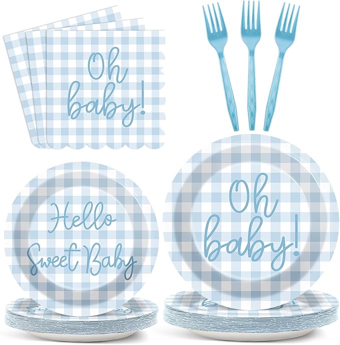 96PCS Blue Baby Shower Decorations Blue Plaid Paper Plates Scalloped Napkin Plaid Tableware Set Hello Sweet Boy Disposable Dinnerware Party Favors for Gender Reveal Birthday Party Supplies