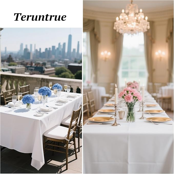 Teruntrue 12 Packs Tablecloths 60x126 inch White Rectangle Table Cloth for 8 Foot Rectangle Tables, Washable Polyester Fabric, for Wedding Parties Banquet Holiday Dinner Table Decorative, White