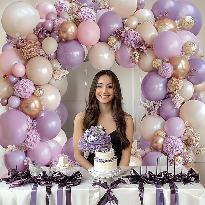 Purple Pink Beige Balloons Arch Kit, Double Stuffed Purple and Pink Balloon Garland with White Sand Lavender Rose Metallic Gold Balloons for Weddings Birthdays Party Decoration