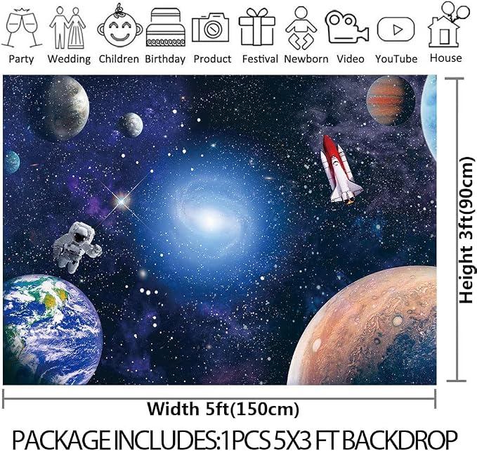 CGXINS Outer Space Photography Backdrop for Baby Kids Astronaut Themed Birthday Party Decoration Universe Galaxy Stars Newborn Baby Shower Photo Background 5x3ft