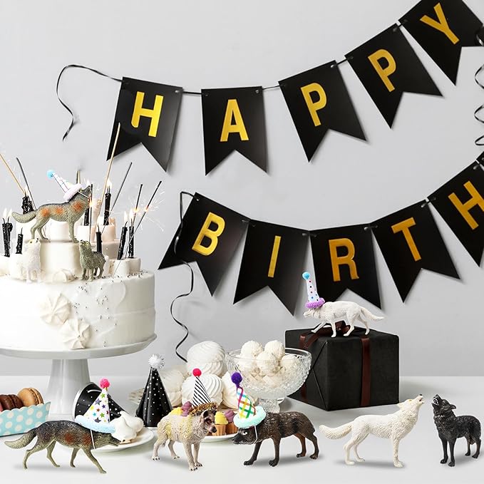 Colingmill 18 Pcs Wolf Miniature Birthday Hats & Figures Cake Toppers with Mini Hat for Birthday Party, Animal Themed Party