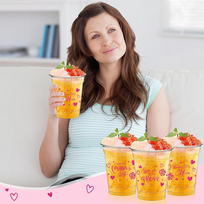 FoldTier 50 Pcs Mother's Day Cups 12 oz Thank You Mom Plastic Cups Clear Best Mom Disposable Cup Mother's Day Drinking Cup for Home Kitchen Mother's Day Party Favors Supplies Decoration (Mother's Day)