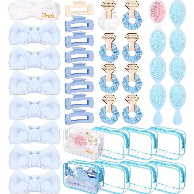 40 Pcs Bachelorette Favor Set Include Headband Scrunchies Hair Claw Clips Hairbrush and Makeup Bag for Bridal Shower Party Gifts Bridesmaid Wedding Supplies (White and Blue)