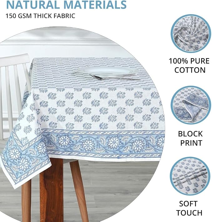 Ridhi Sky Beau Blue Hand Block Print Cotton Rectangle Tablecloth 190" x 72" inches Reusable Table Cover Decorative Everyday Use for Dining Room, Farmhouse, Home Gift for Spring, Mother's Day