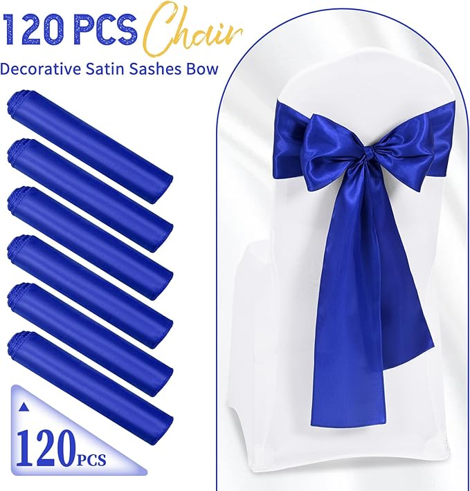 120 PCS Royal Blue Satin Chair Sashes, Ties Bows Designed Chairs Decorative, Chair Cover Sashes for Thanksgiving Wedding Christmas Banquet Party Home Kitchen Decoration (7 x 108 inch)